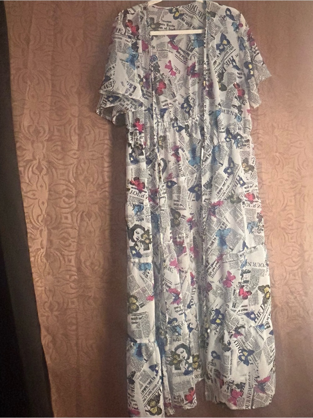 Live 4 Truth White Newspaper Print Maxi Kimono Dress with Pink & Blue Accents